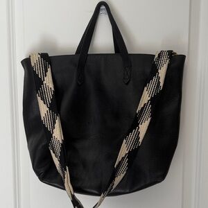 Madewell - Black Leather Tote Bag with Patterned Strap